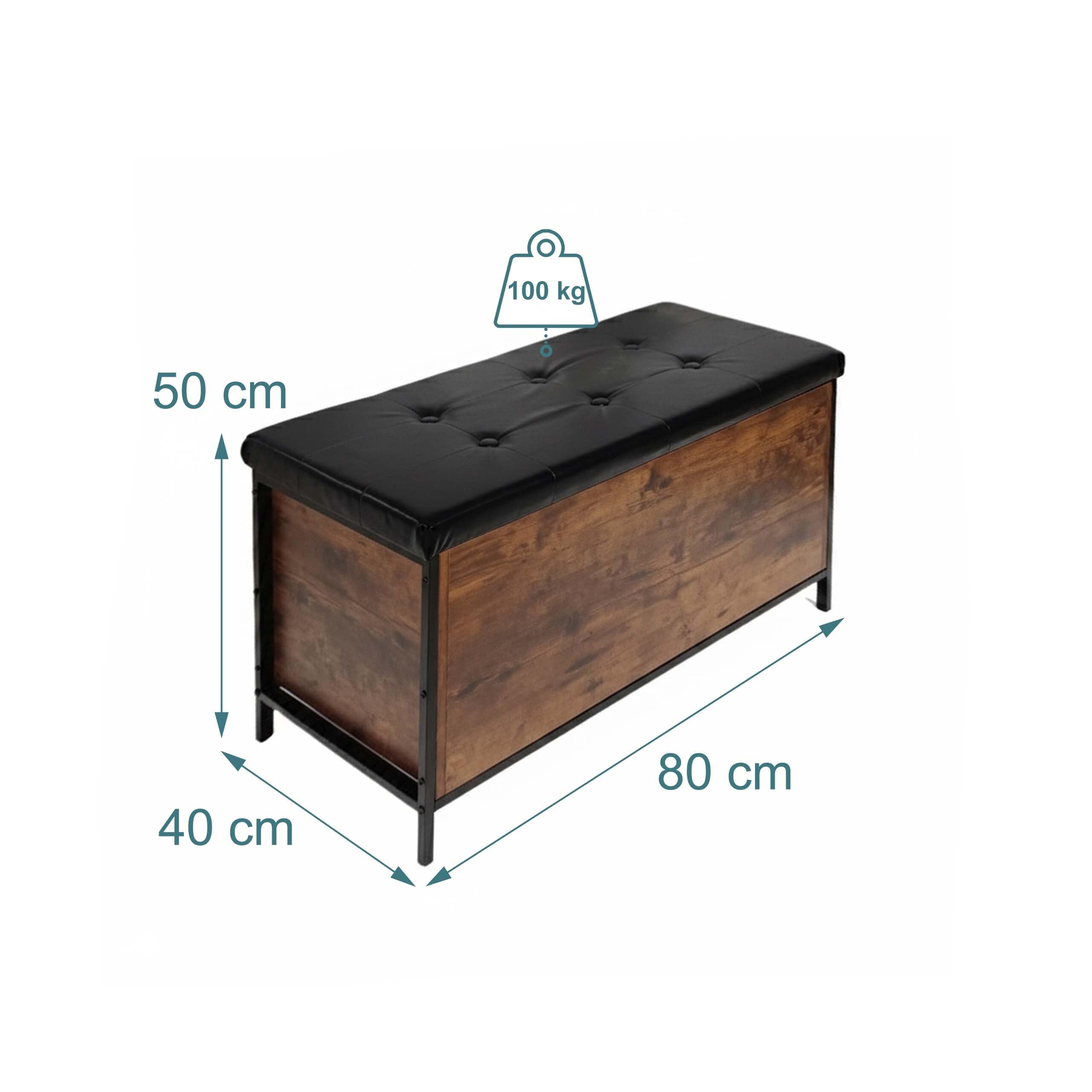 Relaxdays Banco de almacenaje tapizado en Polipiel Estilo Industrial 50x80x40 cm marrón/Negro — view 3