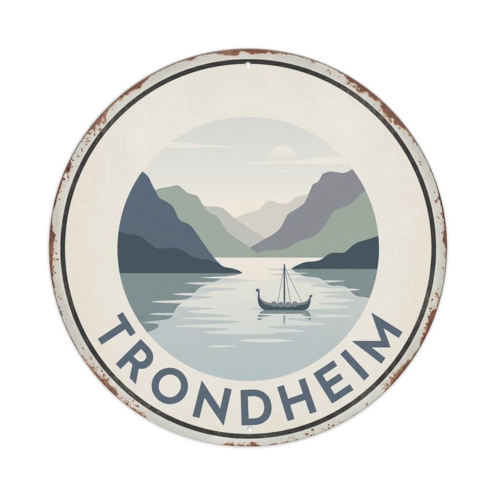 Vintage Travel Trondheim Norway Fjord Metal Tin Sign Plaque Wall Decor for Cafe, Club Bar, Office, Home Garden Round Metal Poster 8x8Inch