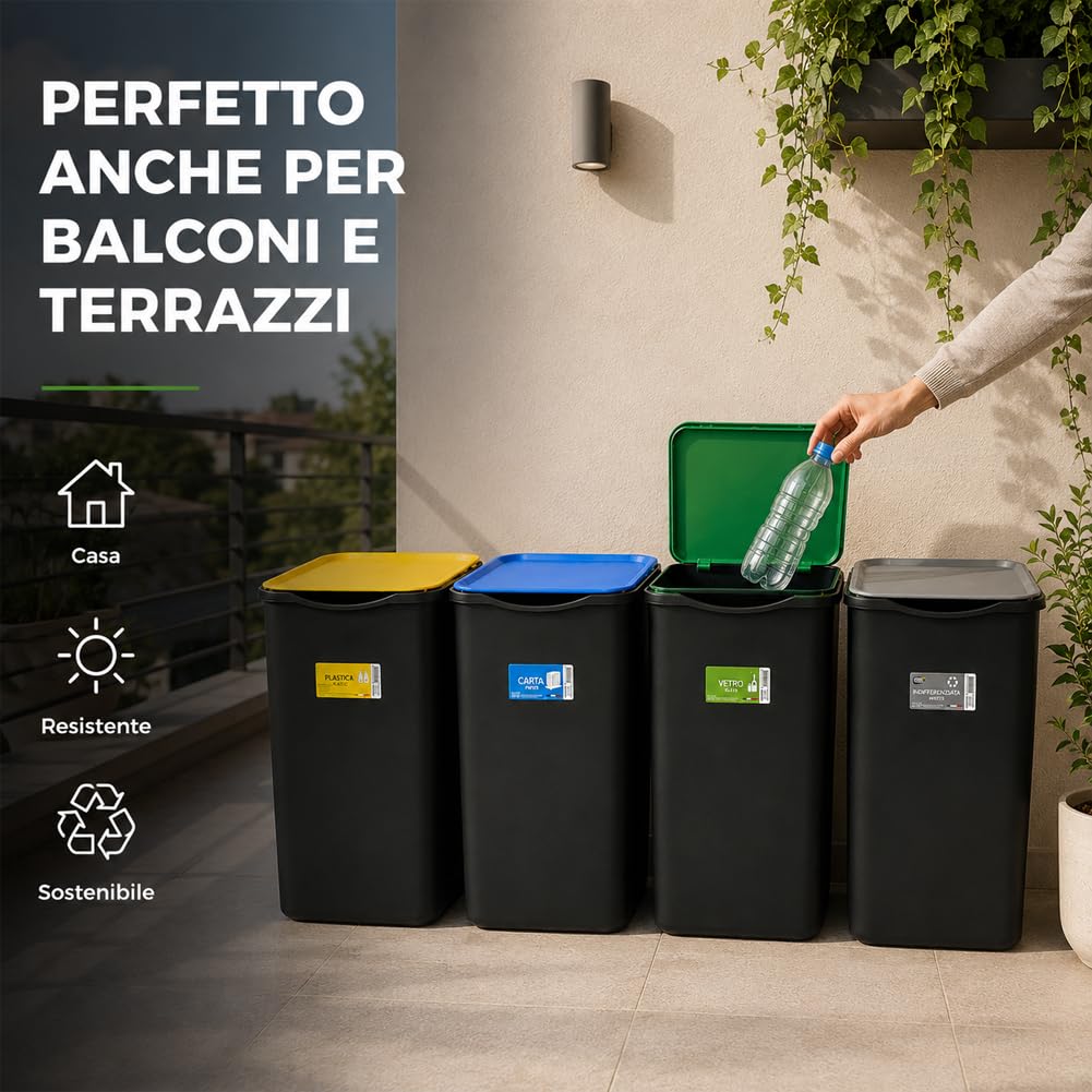 BAKAJI Set 4 Pattumiere per Raccolta Differenziata, Bidoni Spazzatura da 50 Litri con Coperchio Colorato Verde, Blu e Giallo, Contenitori Immondizia da Esterno e Interno, 37.5 x 36 x 62 cm