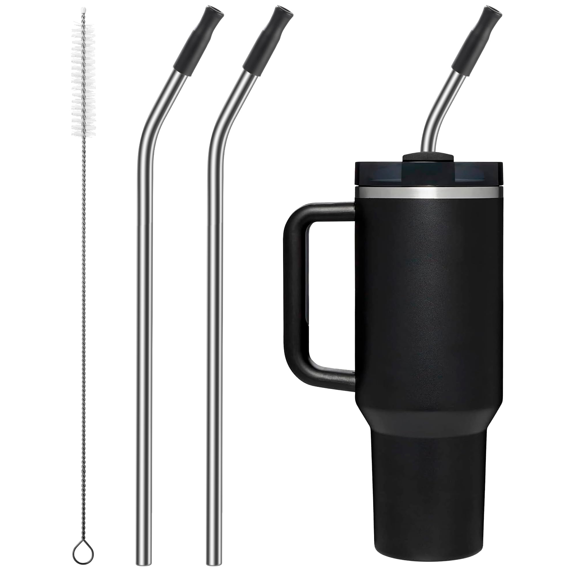 Repeatable Metal Straw with Silicone Tips for 40 oz Stanley Tumbler, 2 Pcs 40 oz Stainless Steel Straws Replacement for Stanley Tumbler, 1 Straw Brush, BPA Free（Black）