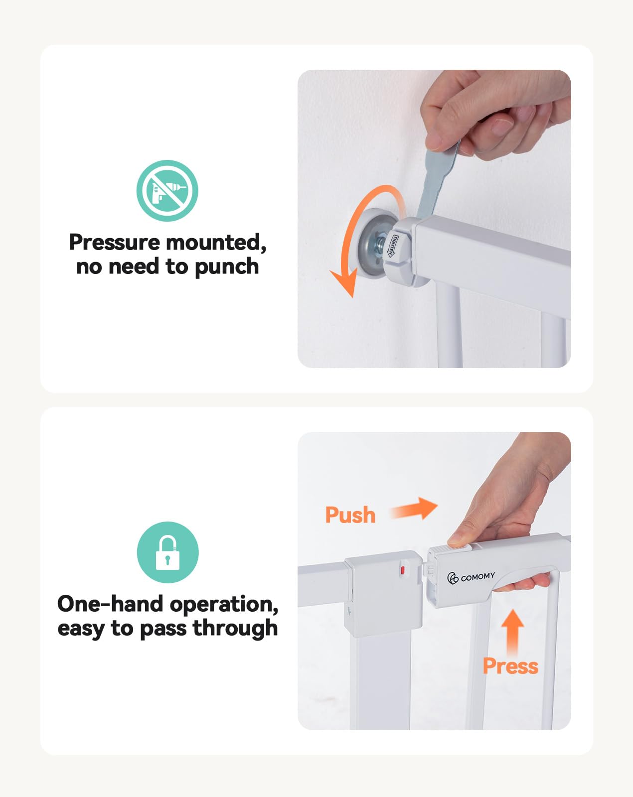 COMOMY 91,5cm Cancelletto per cani Extra Alto, per Scale e Porte, 75 a 103cm di Larghezza, Montato a Pressione Cancellino Bambini di Sicurezza Extra Largo a Chiusura Automatica per Casa, Bianco