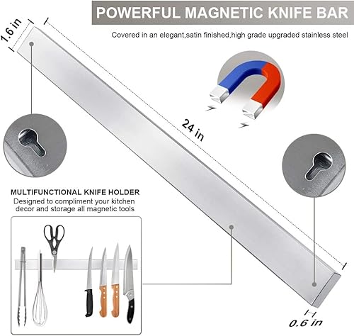 24 Inch Magnetic Knife Strip, Premium Stainless Steel Wall Mounted Kitchen Knives Bar,Space-Saving Powerful No Drilling Magnetic Knife Rack For Home Kitchen Utensil Holder & Tool Holder #TOP1