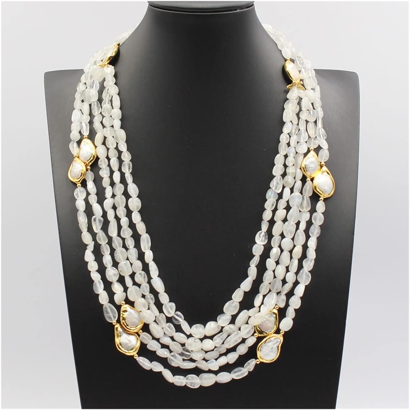 LAnGSHAW Natural 5 Strands Freedom Moonstone Cultured Teardrop White Coin Pearl Necklace Handmade for Women