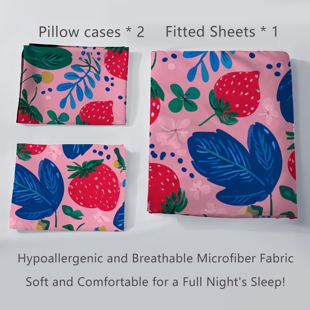 Lot de 3 Draps Housses 160x200 cm Fraise Aux Fruits Enfantins Doux et Respirant Parure de Lit Draps Housses Rose avec 2 Taies d'oreillers, pour Enfant Adolescent et Adulte