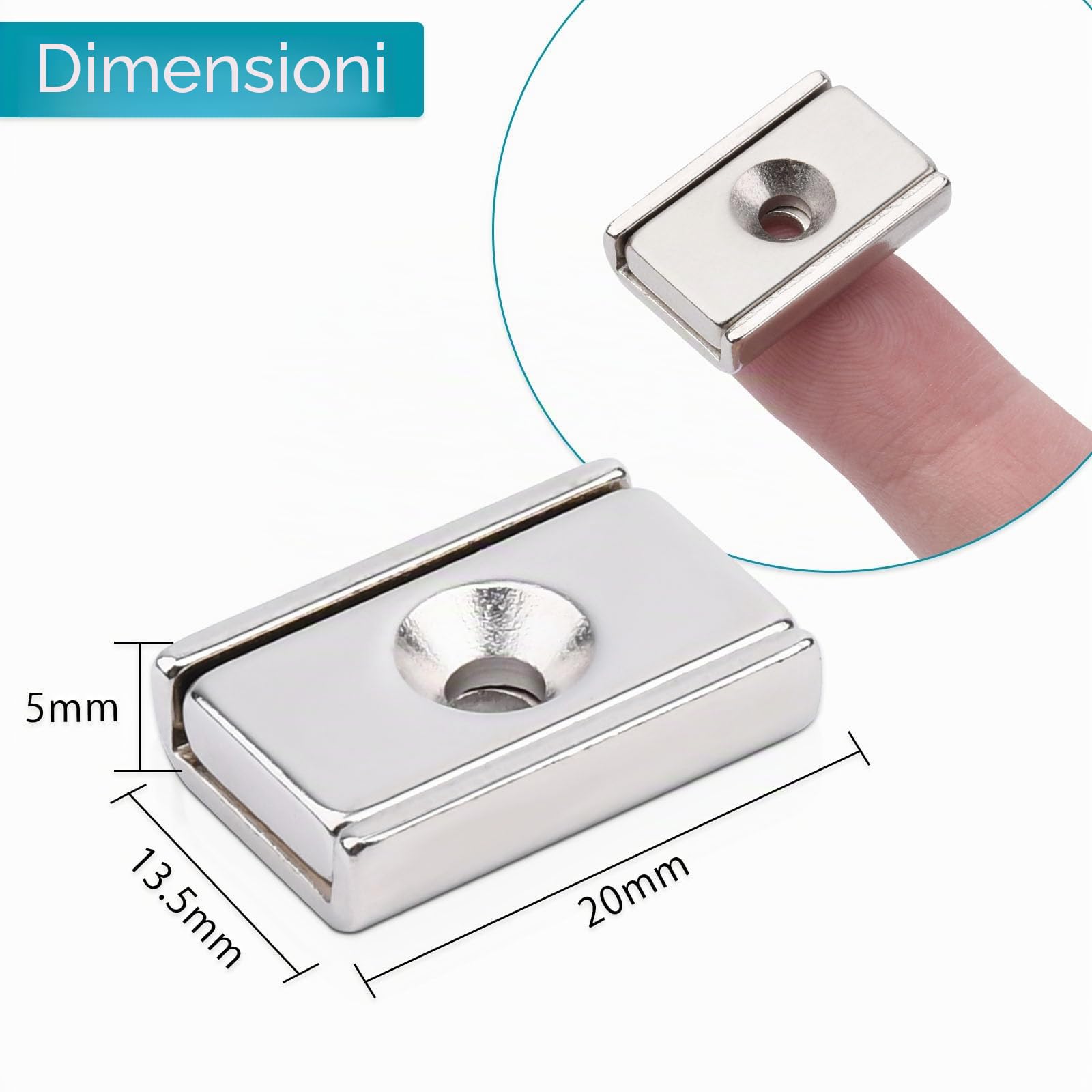 10 pezzi Magneti Rettangolari 10 kg forza 20 x 13,5 x 5 mm con Foro Svasato e Capsula con viti, Magnete con Base Calamite Potenti per Frigorifero Industrial science and laboratory