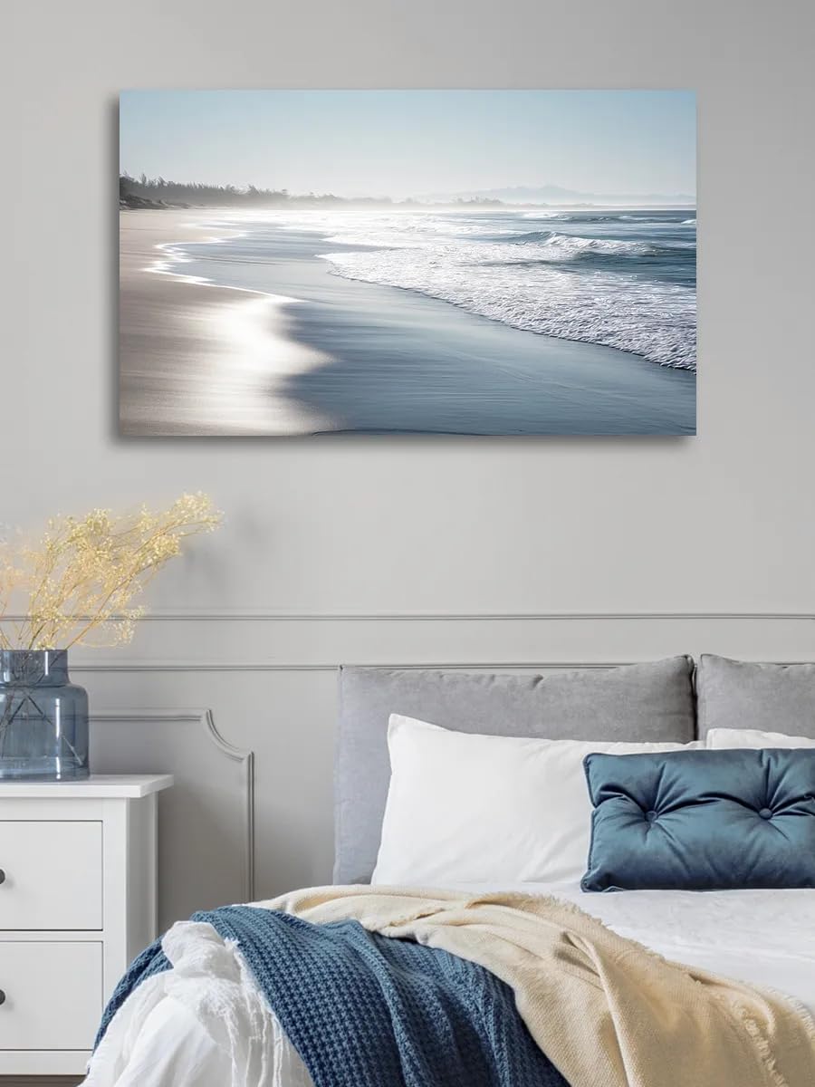 Lybceoug No Frame Blue White Coastal Beach Canvas, Minimalist Misty Ocean Seaside Wall Decor(30X40cm/No Frame)