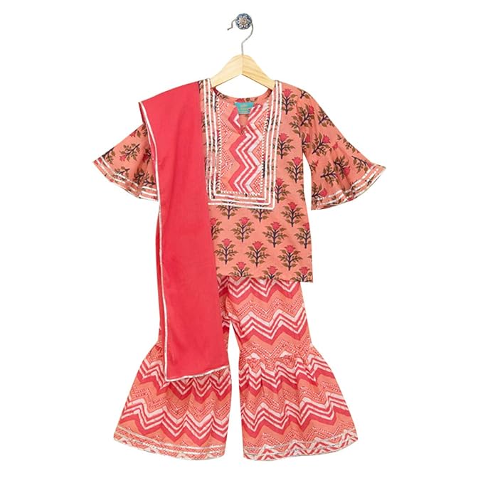 LIL PITAARA By Hopscotch Girls Cotton Kurti,Sharara Set With Dupatta in Multi Color