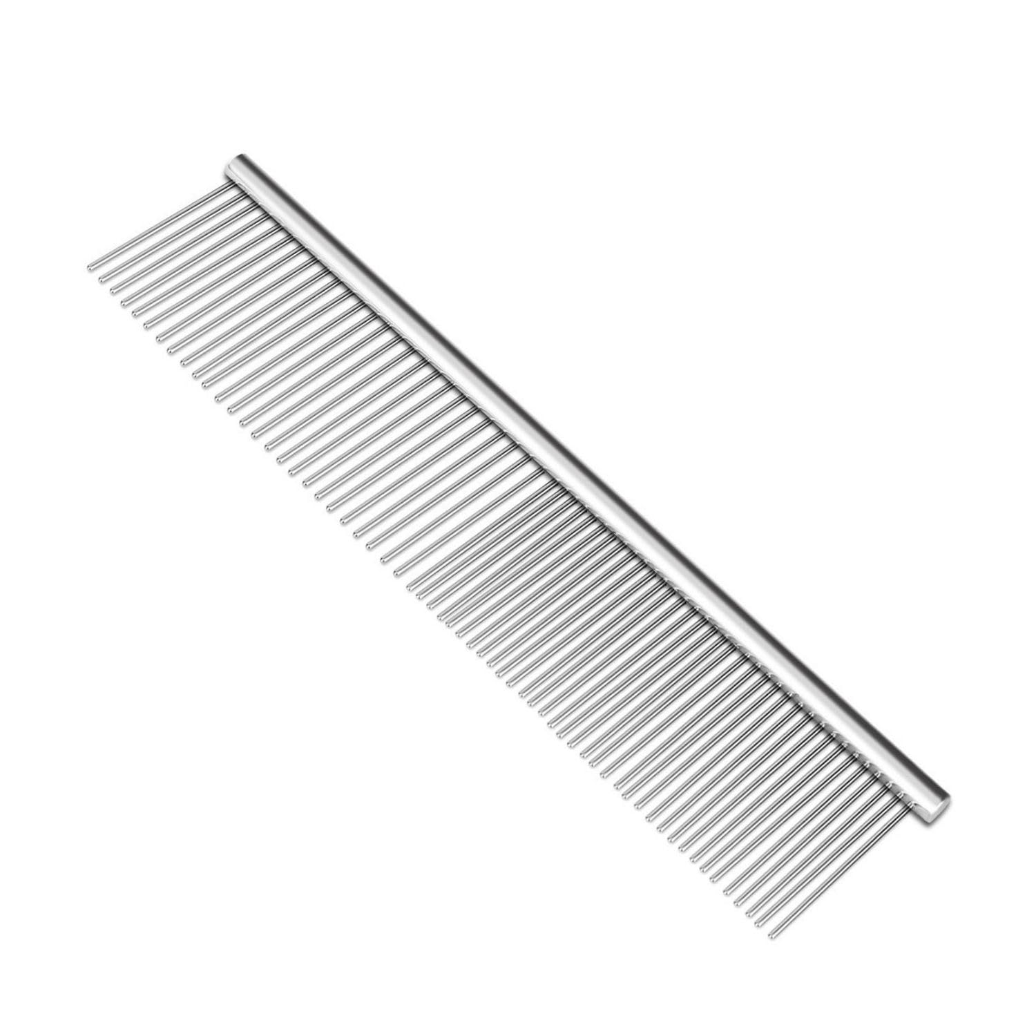 Flexzion Grooming Comb for Dogs โ Stainless Steel Professional Cat Comb and Animal Tool for Removing Tangles and Knots on Medium Pets with Smooth Needle Teeth โ 45mm, 1 Large