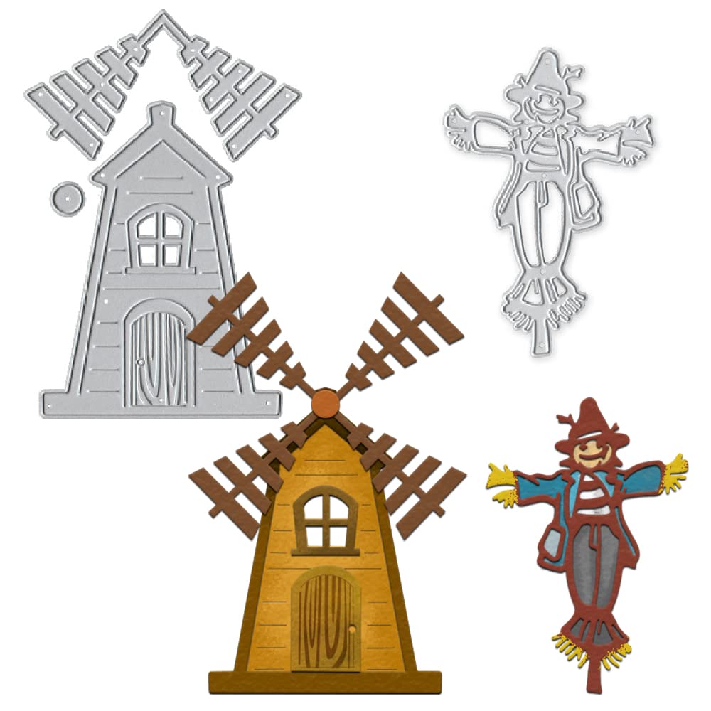 ALIBBON 2Pcs Fall Barn Scarecrow Die Cuts for Card Making and Scrapbooking, Barn House Cutting Dies Metal Template Molds, Farm Scarecrow Die Cuts for DIY Photo Album Paper Embossing Card Decoration