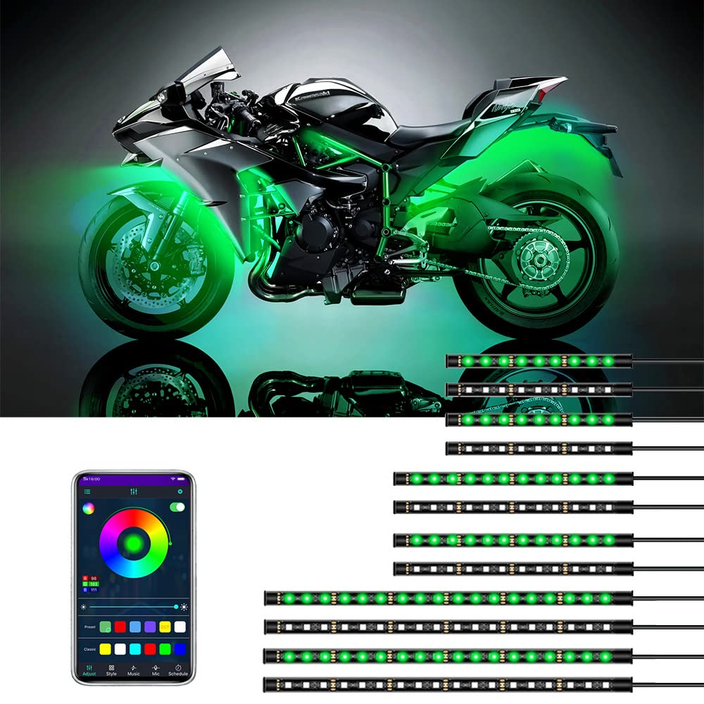 Sxlofty 12 Pcs Motorcycle LED Light Kits, App Control Multicolor Waterproof RGB LED Strip Lights, Music Sync & Multiple Scene Modes for Motorcycles, DC 12V