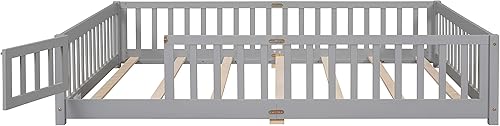Miniatura 3 de Harper & Bright Designs Cama de suelo tamaño Queen con rieles y puerta, cama Montessori de madera con listones de soporte, marco de cama para niños
