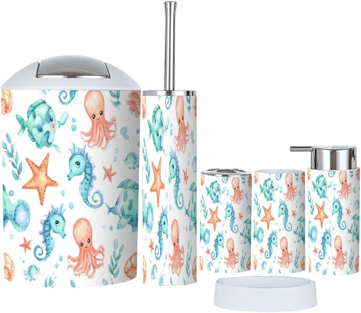 Bathroom Accessories Set 6 Pcs Kids Bathroom Decor Seahorse Starfish Octopus Cute Children Toothbrush Holder Cup Soap Dispenser Soap Dish Toilet Brush Holder Trash Can for Countertop Decor