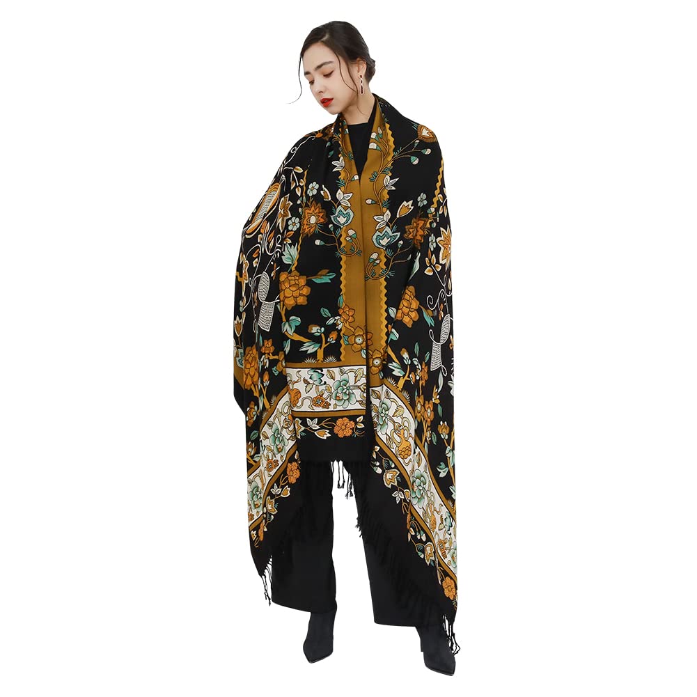DANA XU 100% Merino Wool Extra Large Pashmina Shawl and Wraps For Women Cashmere Scarf Winter Oversized Floral Blanket