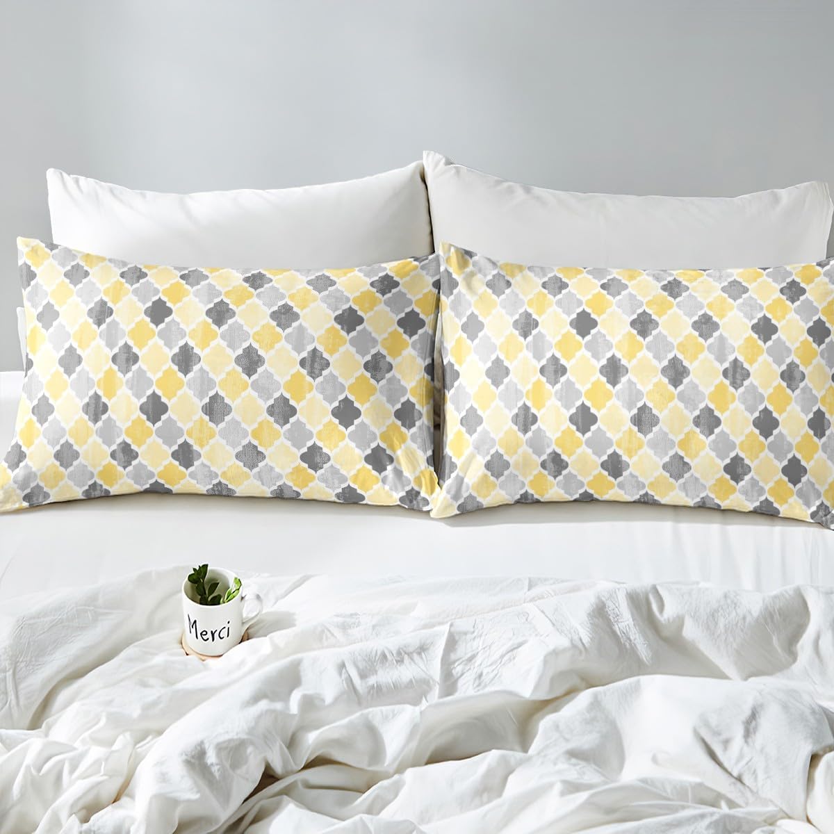 Geometric Floral Patchwork Kids Duvet Cover Set Twin Size,Abstract Artwork Moroccan Vintage Girls Boys Bedding Set,Modern Fashion Room Decor,Bright Yellow Grey Quilt Cover,1 Pillowcase(No Comforter)