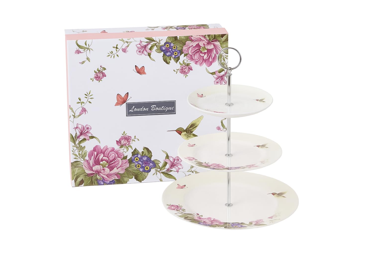 London Boutique Cake Stand Afternoon Tea Stands 3 Tier Cake Stand Vintage Flora Rose New Bone China Serving Plate for Tea Party High tea Gift for Her (Beige)