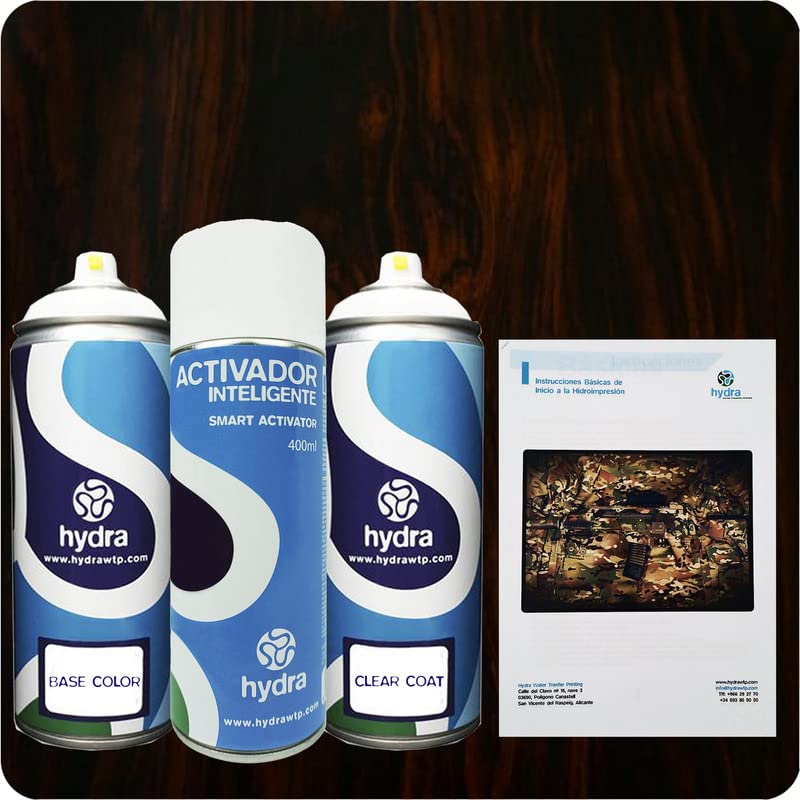 STARTER Kit Hidroimpresion: 1 Activador 400 ml + 1 barniz y color de fondo adecuados de 400 ml + 1 Manual + 1 Lámina hidroimpresión madera oscura. Ancho: 100cm. Largo: 100cm (HMA-326)