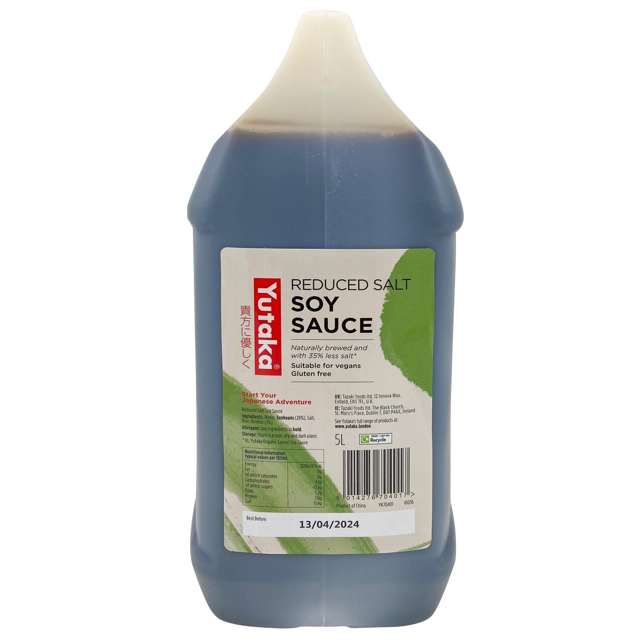 Yutaka Reduced Salt Soy Sauce 5L | Naturally Brewed Japanese Soy Sauce | 35% Less Salt | Gluten-Free & Vegan | Ideal for Stir-Fries, Sushi, Marinades, Dipping & Cooking | Bulk Catering Size