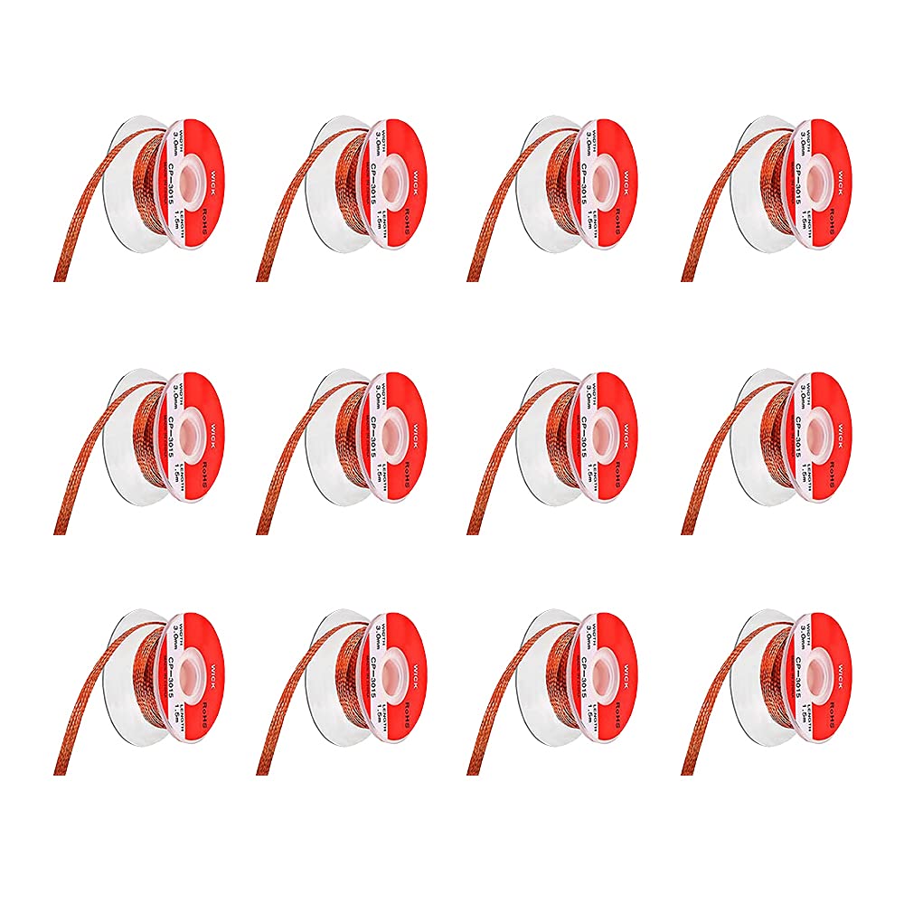 TopHomer 12 Pcs Solder Wick Braid 59ft Length Desoldering Wick Braid Remover Tool No-Clean Soldering Wick Wire Roll Disassemble Electrical Components(Red 3.0mm)