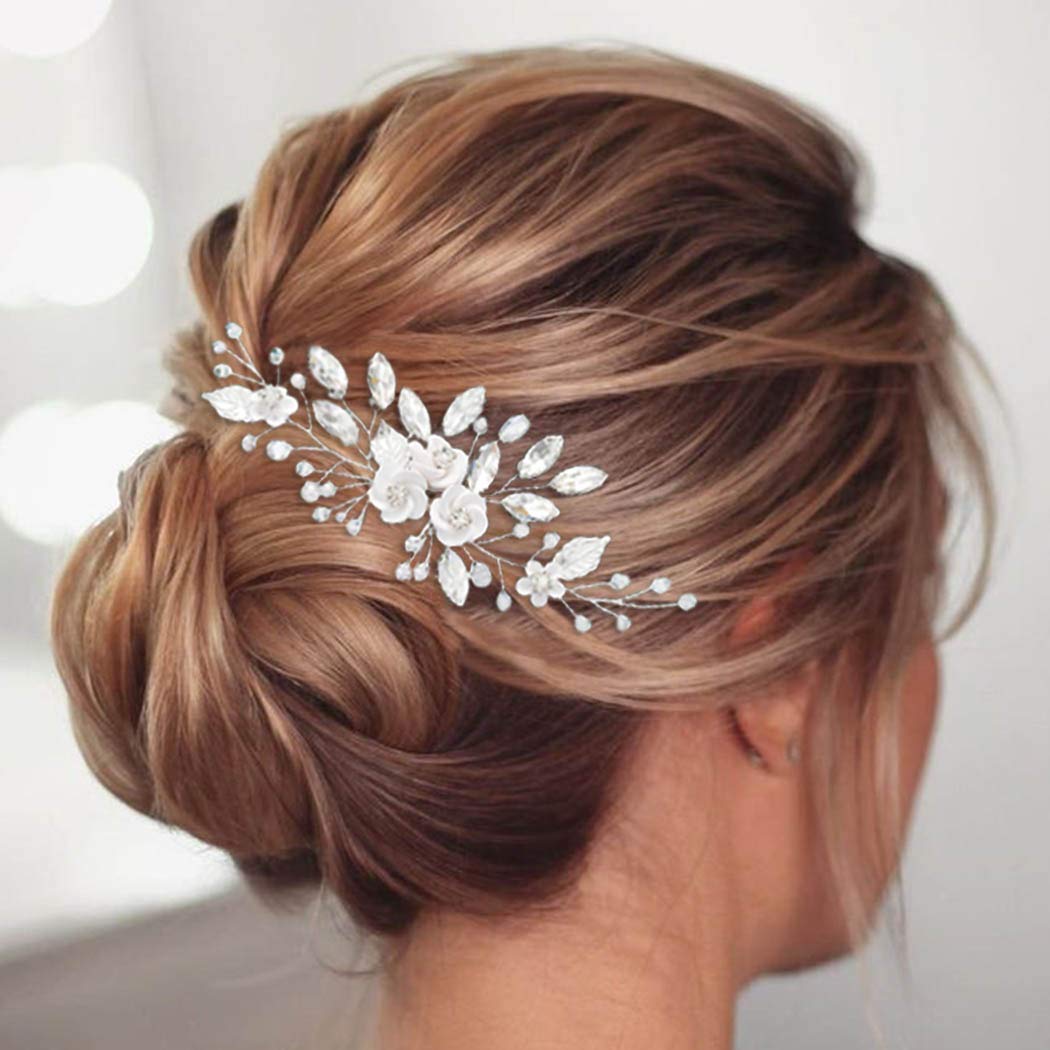 Gorais Flower Bride Wedding Hair Combs Silver Crystal Bridal Hair Piece Leaf Hair Side Combs Hair Accessories for Women and Girls : Beauty & Personal Care