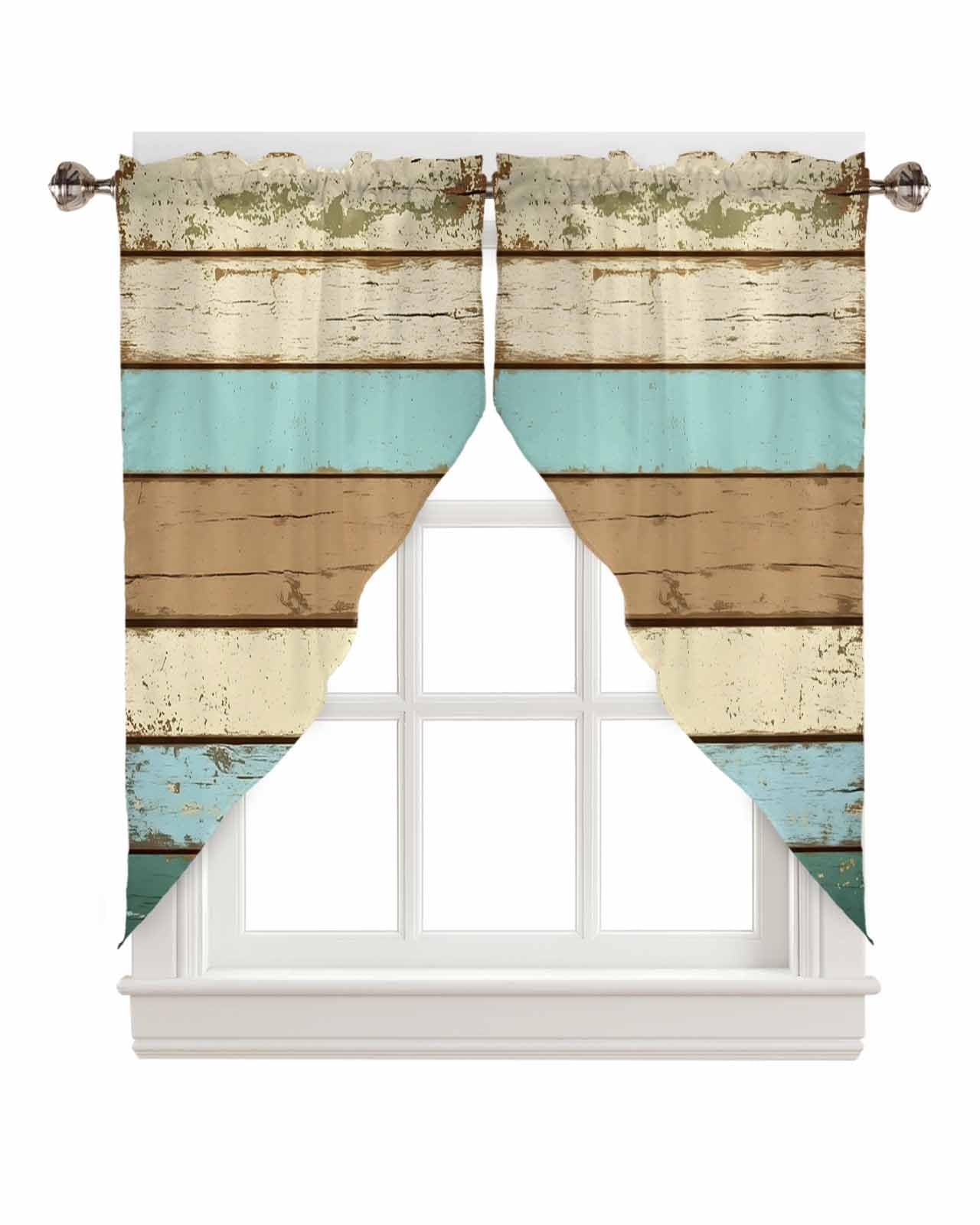 Lsrtoss Farmhouse Teal Brown Swag Valances for Windows, Kitchen Curtains 36 Inch Length 2 Panels Set, Ombre Wooden Vintage Short Curtains for Small