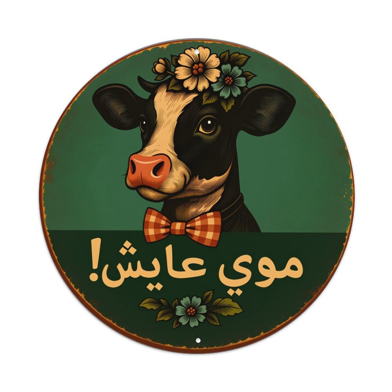 Cow With Flowers And Bowtie Round Tin Sign Vintage Metal Poster Retro Bar, Home, Man Cave, Kitchen, Laundry Room Wall Art Decor Gift 8x8Inch
