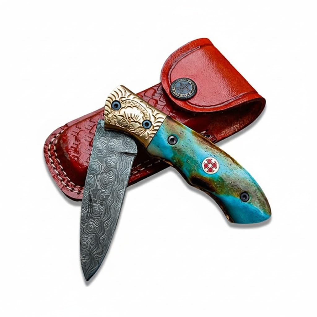Handmade damascus steel blade folding knife. Blade length under 3 inches. Legal to carry.1644