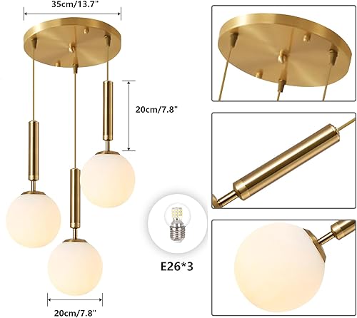 Miniatura 2 de KCO Iluminación colgante de 3 luces en racimo de iluminación colgante de globo dorado de mediados de siglo, lámpara colgante grande de vidrio blanco