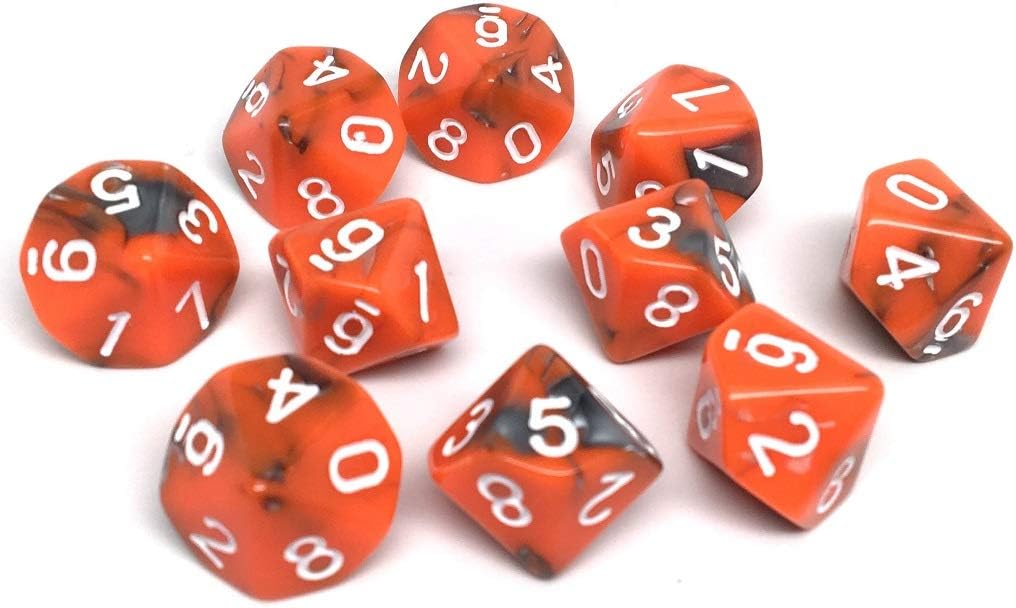 Ten Count Pack of D10 Dice - Matching Collection of 10 Sided Plastic Polyhedral Dice (Orange and Grey Granite)