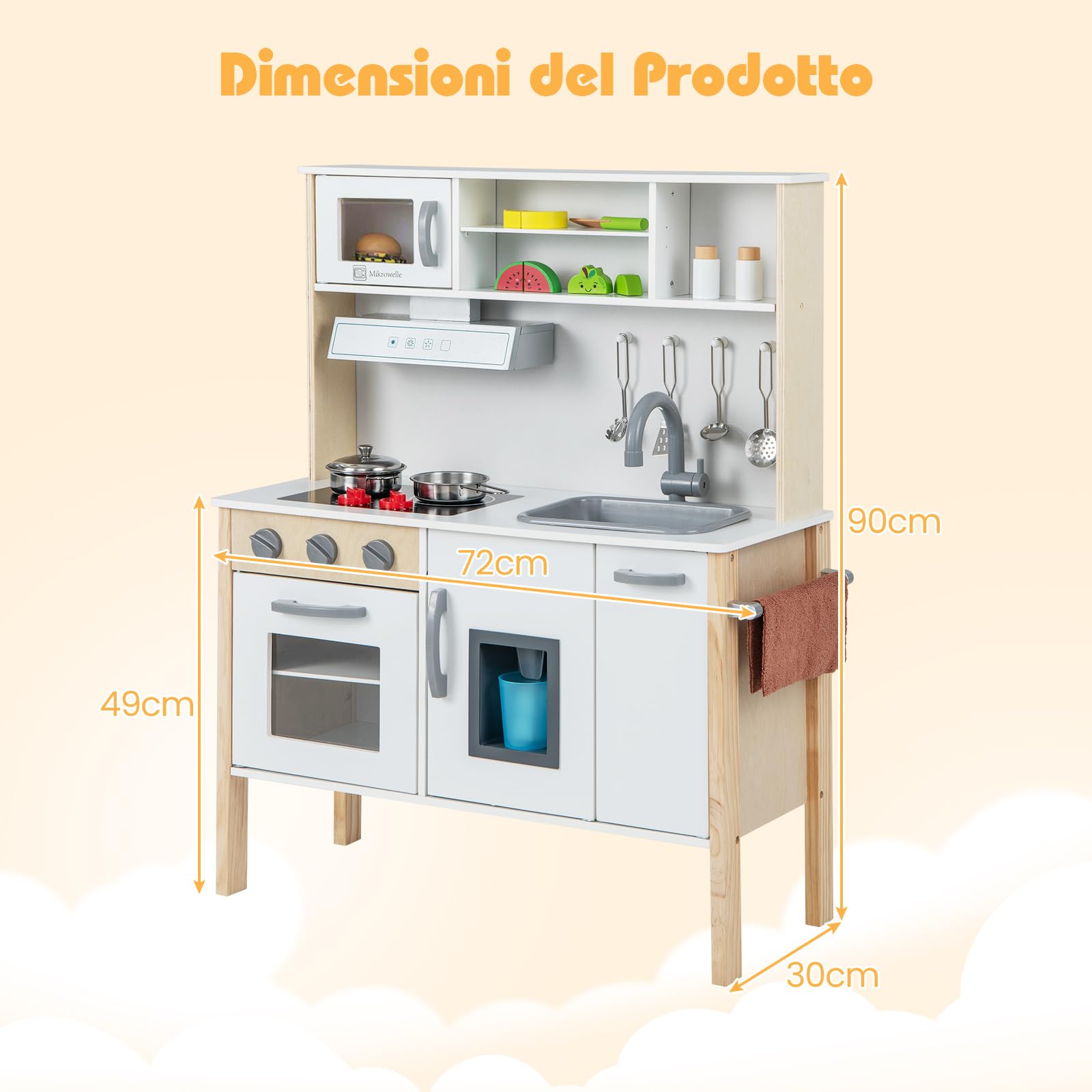 GYMAX Cucina Giocattolo per Bambini, Set da Cucina in Legno Imitazione con Lavello Rimovibile, Cappa da Cucina e Fabbricatore di Ghiaccio, 18 Accessori Completi, per Bambini da 3 a 6 Anni (Bianco)