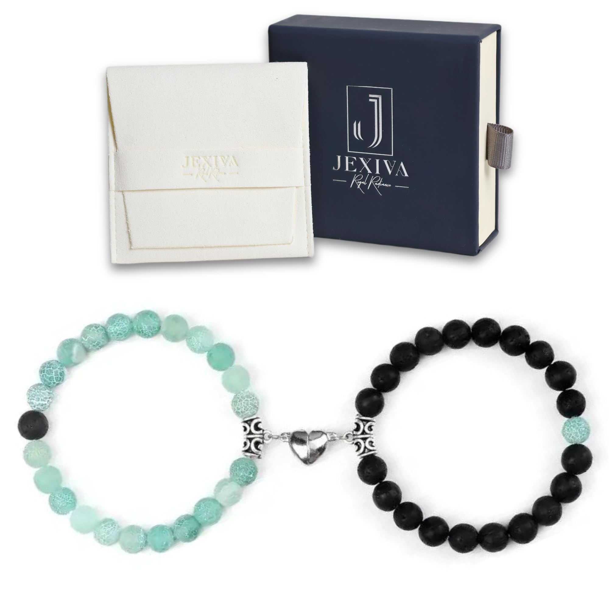 JexivaSet Of 2 Couples Bracelet Magnetic Healing Natural Bead Stone Stretch Bracelet Unisex Anniversary, Friendship, Valentine, Christmas Gift