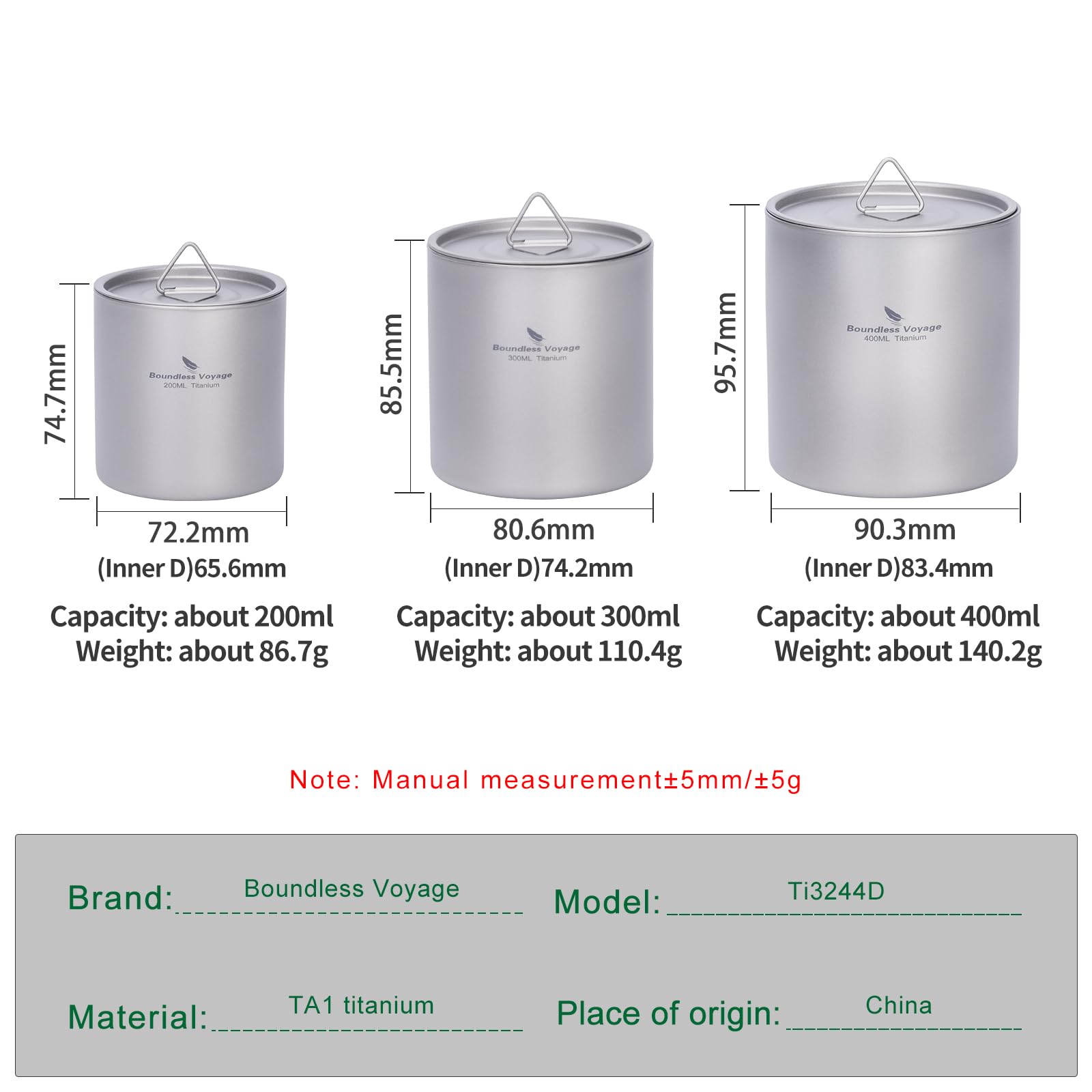 iBasingo Ti3244D Tasses à double paroi en titane avec couvercle 200 ml, 300 ml et 400 ml, ultra légères, empilables, en métal, pour thé, café, boisson portable pour extérieur, camping, voyage, usage