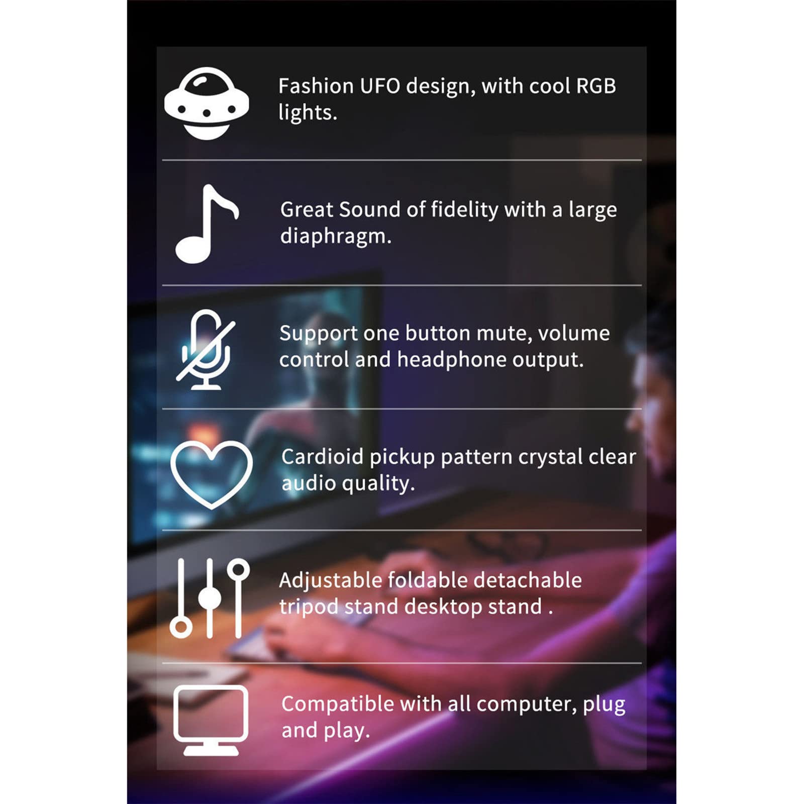Microfono Per Computer, Microfono a Condensatore RGB, Luci LED Colorate Dinamiche, Modello Di Pickup Cardioide, Adatto Per Conferenze, Apprendimento a Distanza, Streaming Multimediale