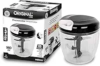 Miniprocessador Manual 900ml Grande 3 Lâminas Inox – Tritura Cebola, Alho, Frutas, Ervas – Compacto e Portátil – Design Minimalista (Vermelho)