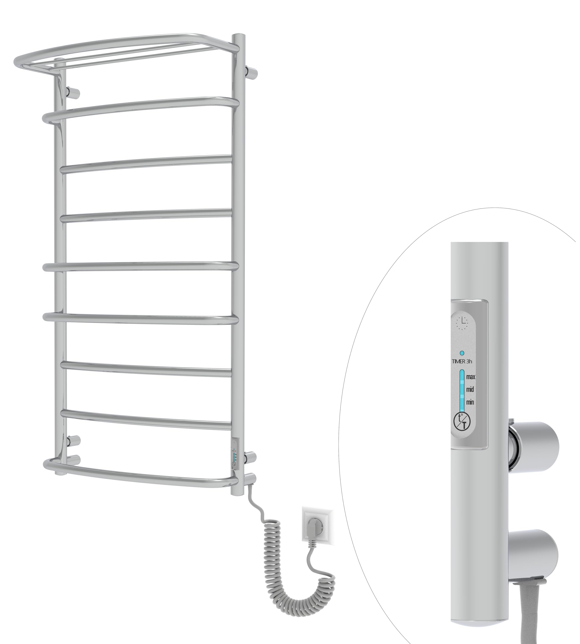 Elna Scaldasalviette Cromato - 168W - 1005x530mm - Elettrico con Ripiano - Per Bagno di famiglia & Casa - Acciaio Inox - Con Termostato, Timer & Eco - IP44 - Montaggio a parete