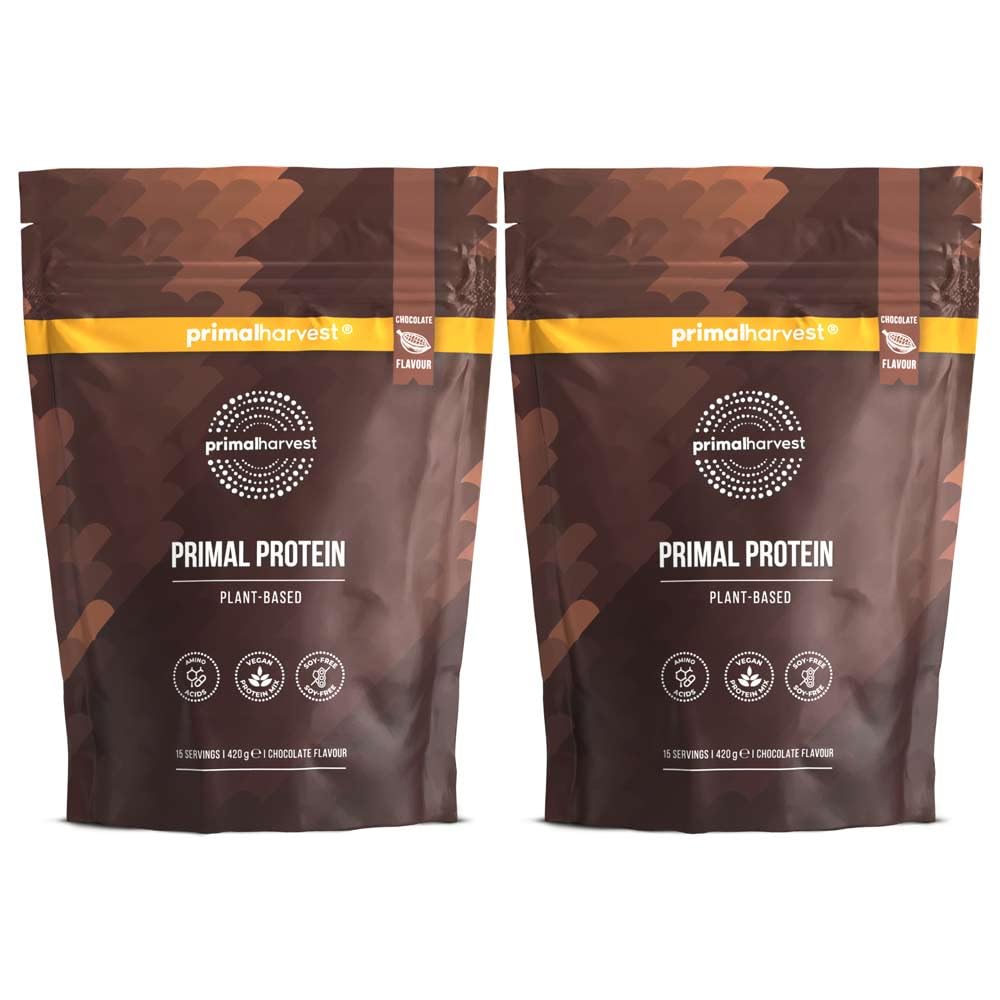 Primal Protein de Primal Harvest: proteína vegana en polvo con habas, garbanzos y arroz. Aporta 20 g de proteína por porción y tiene sabor a chocolate (2 Bags (15 Servings), Chocolate)