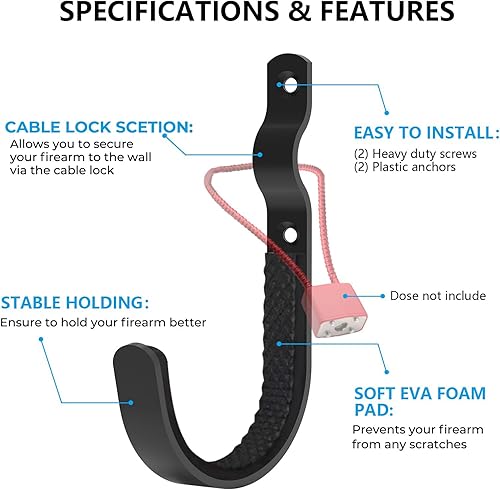 Miniatura 2 de GMW Soporte de pared de metal para pistola y gancho, paquete de 2  Resistente, seguro, suspensión estable, soporte de pared para rifles, escopetas,
