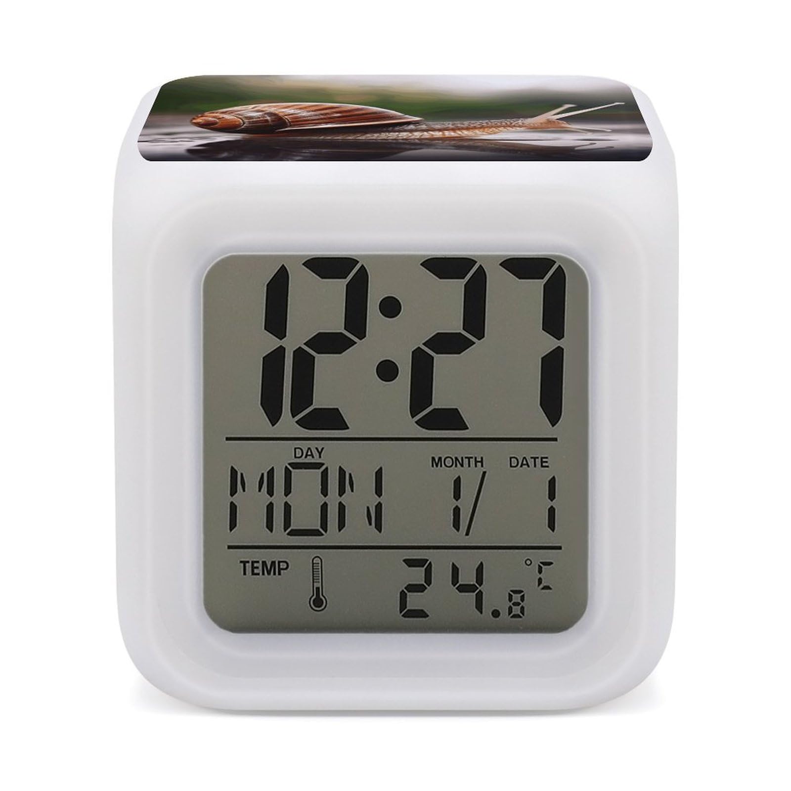 JTREHY 7 Color Changing LED Digital Alarm Clock,A Photo of A Snail Printed Wake-up Clock with Temperature Display Home Decoration Alarm Clock for Bedroom Office