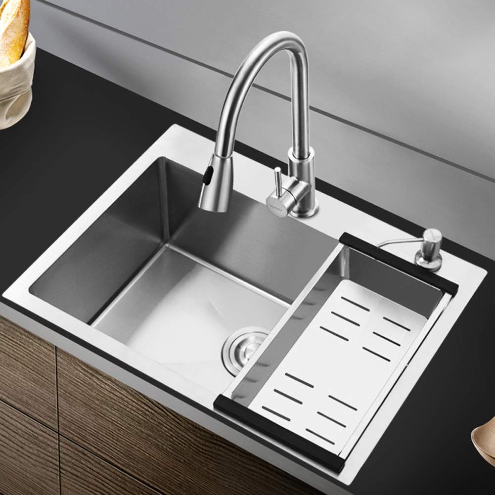 Juego de grifos extraíbles para Fregadero de Cocina de Acero Inoxidable con tazón Cuadrado con escurridor de Platos y Kit Completo de plomería Escurridor de desechos Instalación empotrada de