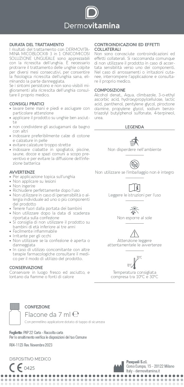 Dermovitamina Micoblock 3in1Onicomicosi - Micosi Unghie Piedi - Smalto Curativo - Tratta le Infezioni Fungine - Contro Ingiallimento e Caduta - Azione Sbiancante - 7ml