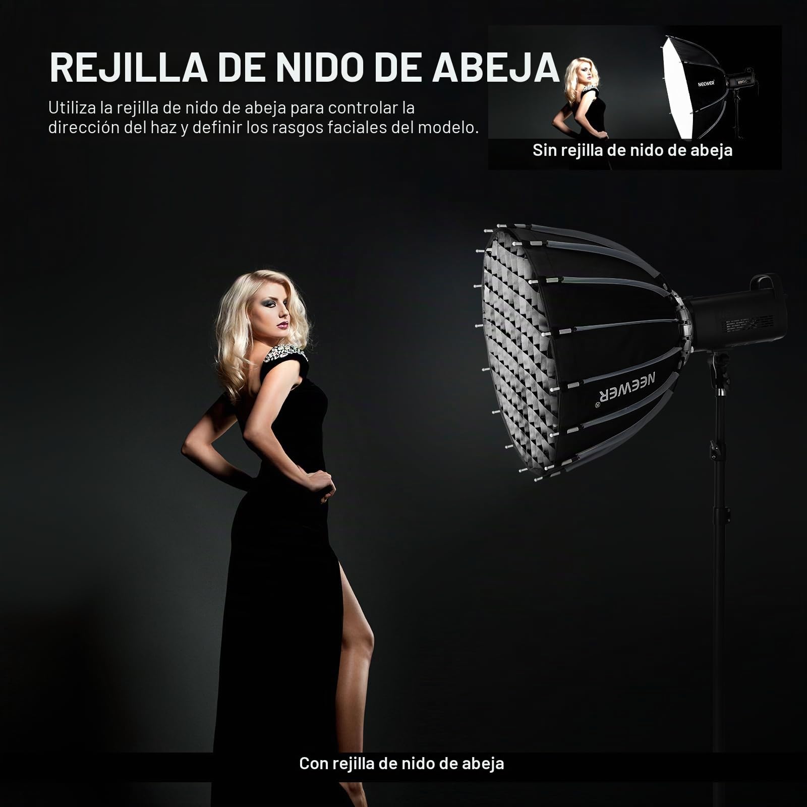 Neewer Caja de luz parabólica de 55 cm, instalación rápida, Plegable, con difusores/Rejilla/Bolsa, Compatible con Aputure 60X S 150c 300c RGB CB60 MS60B MS60C CB200B y Otras Luces de Montaje Bowens