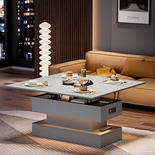 Miniatura 14 de Mesa de centro con tapa elevable de 39.4 pulgadas con estación de carga, mesa central con diseño de mármol brillante con compartimento de Blanco