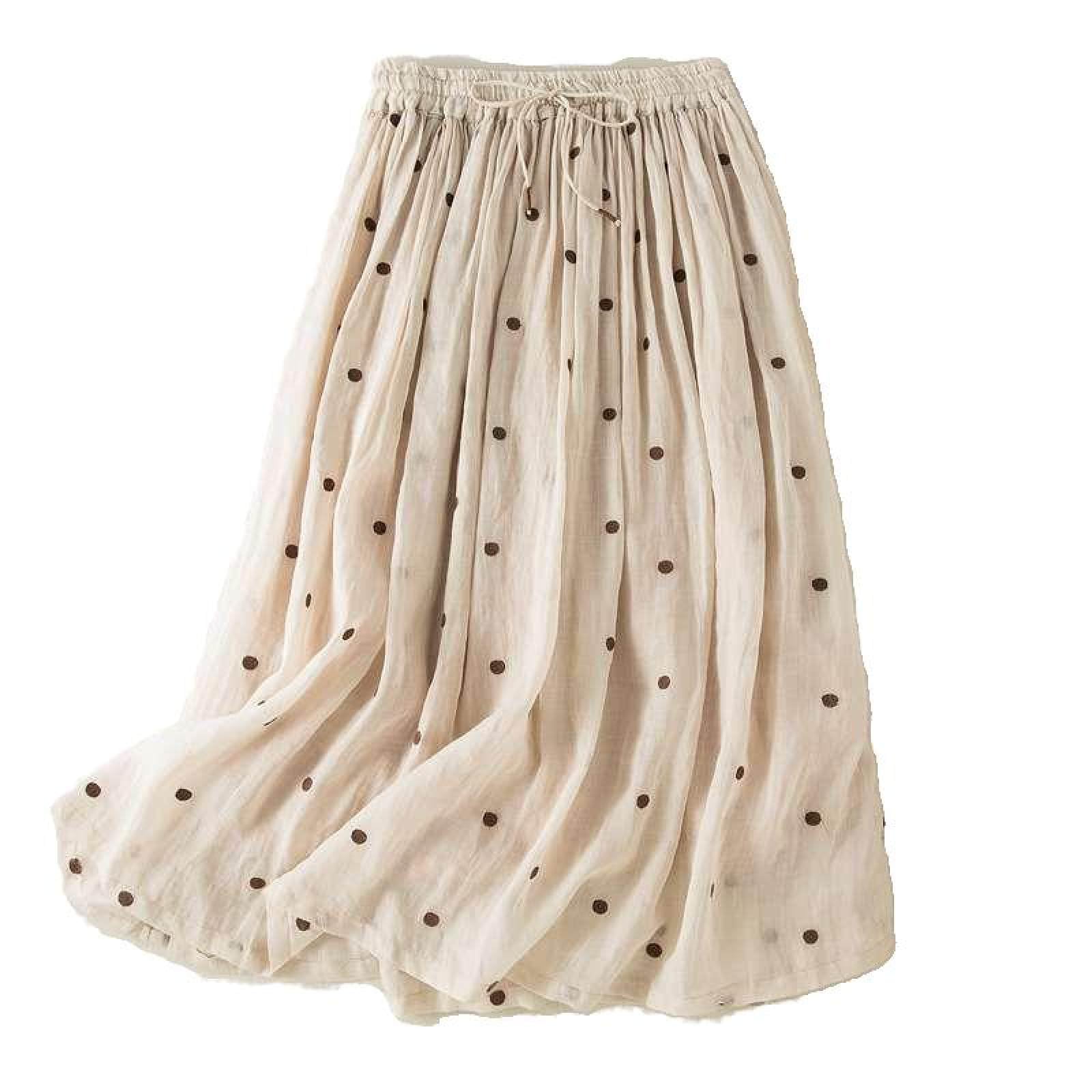 Damen-Swingrock Aus Baumwollleinen – Sommer-Tupfenmuster, Vielseitiger, Schmaler Faltenrock, Retro-Elastische Taille, Großer A-Linien-Langer Rock Mit Gürtelfutter, Armeegrün, L