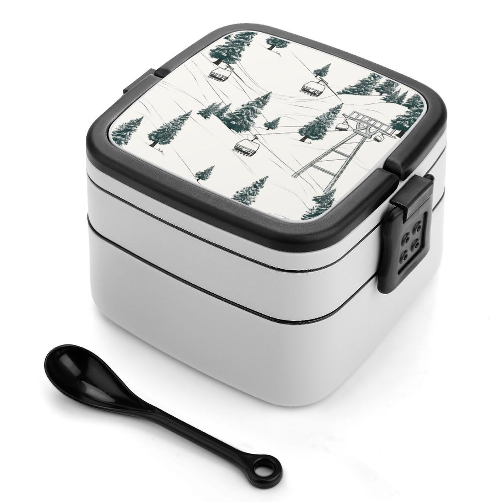 FekiLoot Ski Lift With Fir Tree Bento Box Adult Lunch Box Sealed Bento Lunch Boxes with Spoon Sturdy Double Layer Bento Boxes Snap-on Design Leak Proof Lunch Containers Ideal for Work