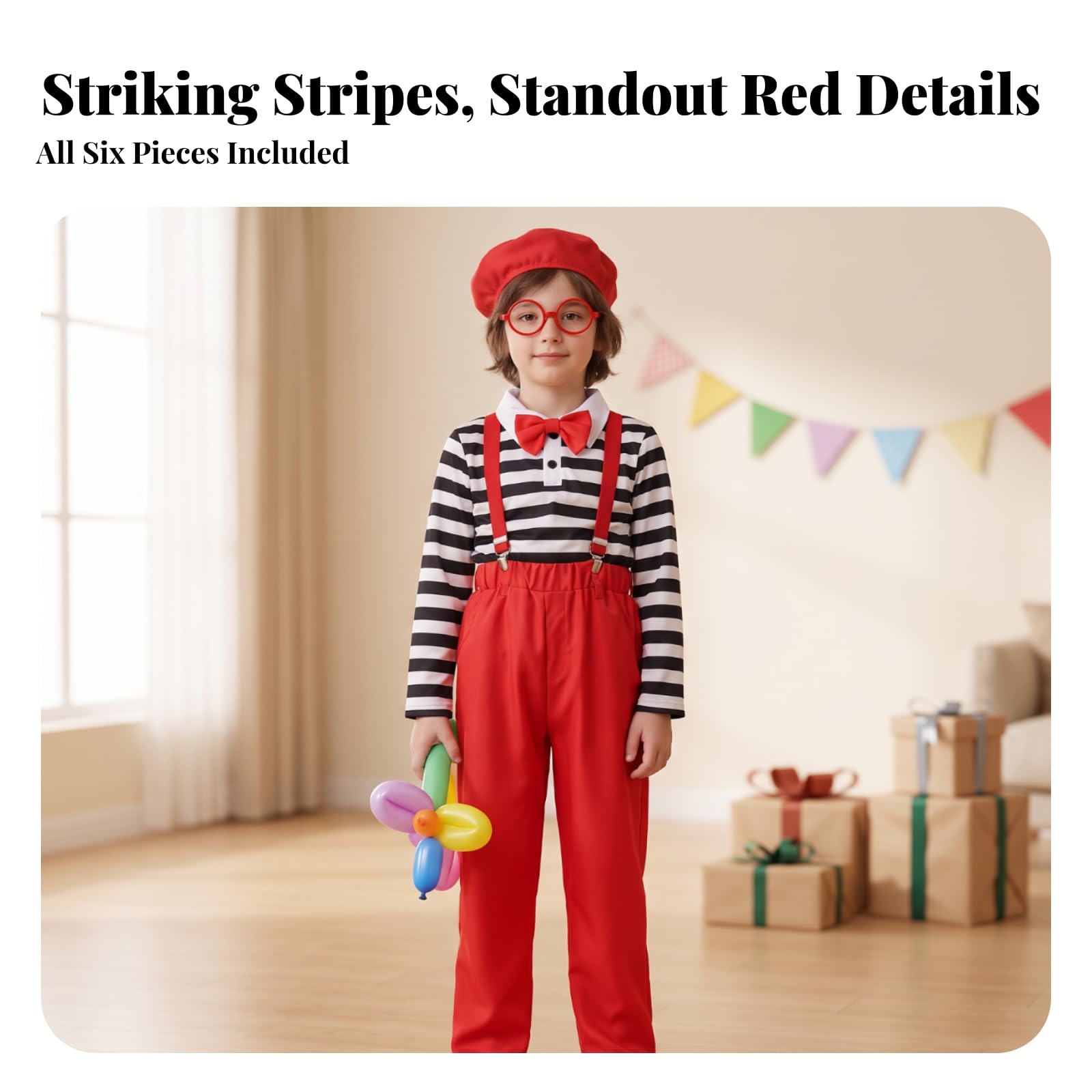 Costume Professionale da Clown per Bambini con Completo Elegante Giacca a Righe Bianche Bottom Rosso con Bretelle Papillon E Forma