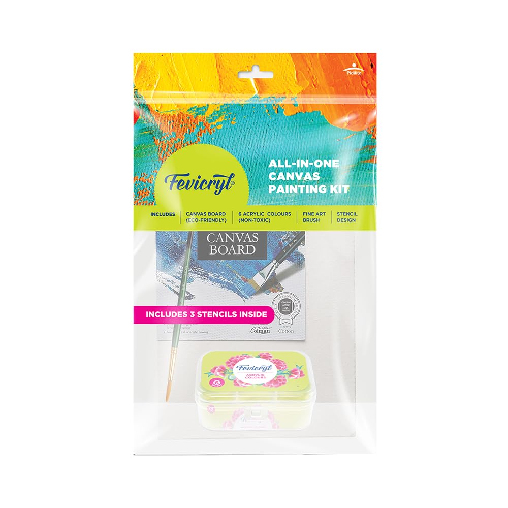 Fevicryl All in One Canvas Kit with 1 Canvas, 1 Brush, 1 Acrylic Colour Kit, Stencils | DIY Art & Craft Kit | Ideal Painting Gift Set for Artists, Students, Hobbyists