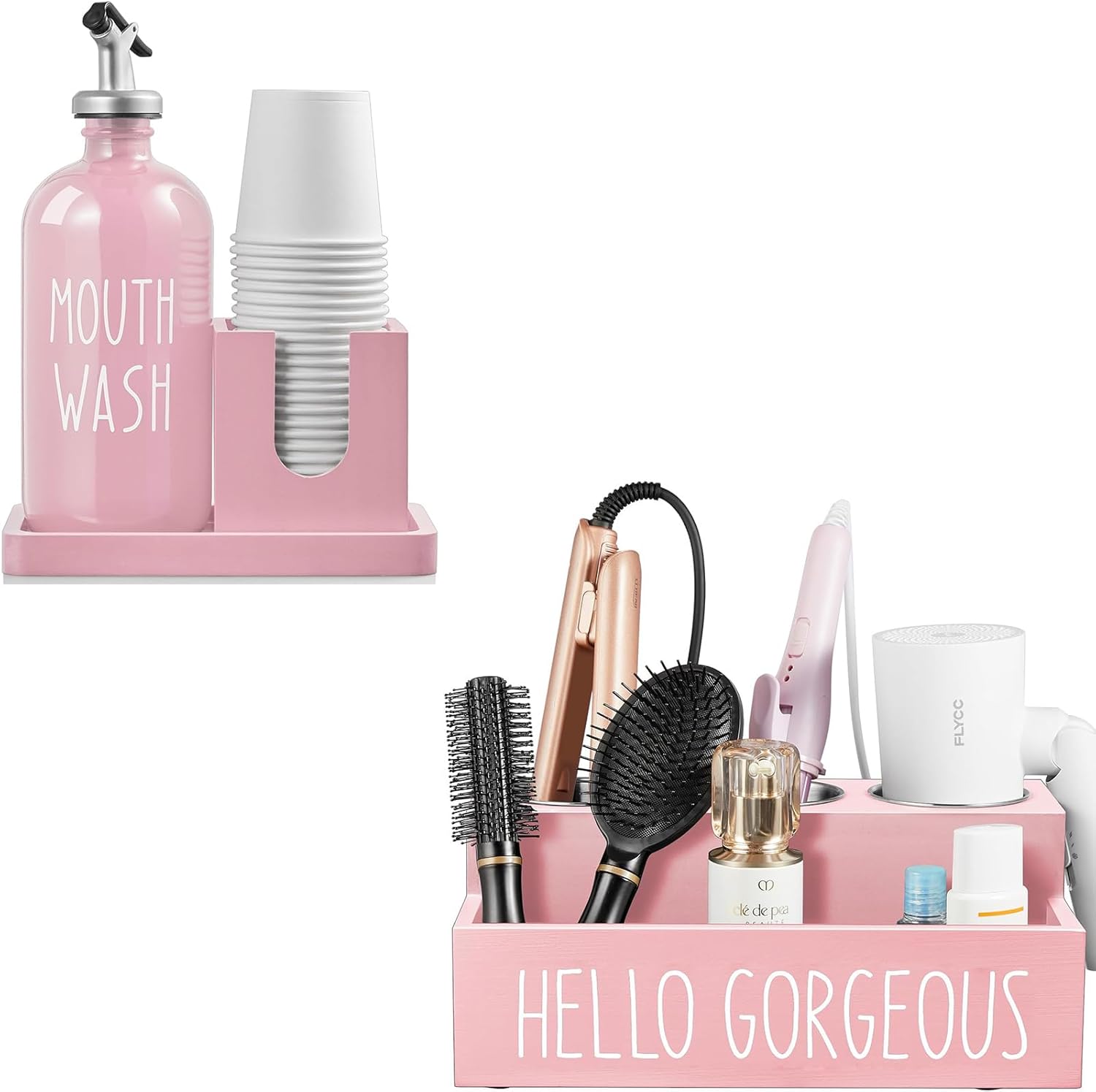 Glass Mouthwash Dispenser with Pour Spout and Wood Cup Holder and Tray Bundle Hair Tool Organizer