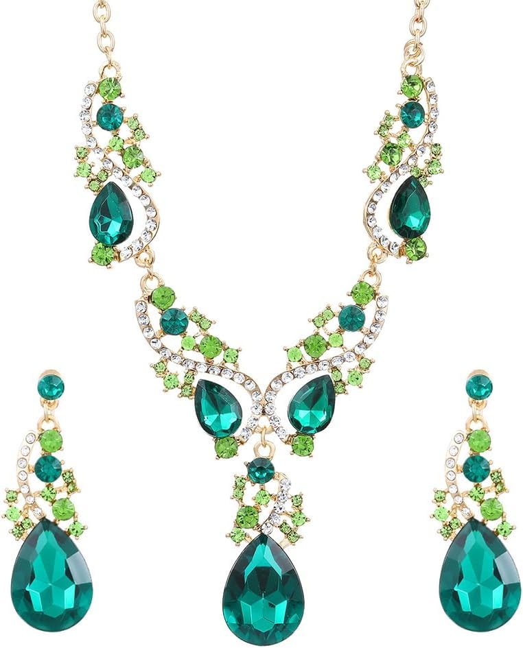 FDEETY Schmuckset Grün Strass Halskette Ohrringe Sets Luxus Exquisit Schmuck Set Braut Hochzeit Party für Damen und Mädchen