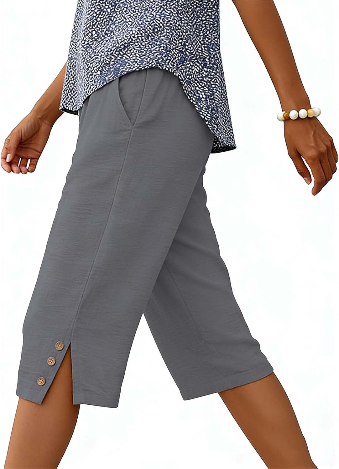 Womens Capri Pants Knee Length Cotton Capris Summer Straight Leg Side Buttons Loose Beach Bermuda Shorts with Pockets