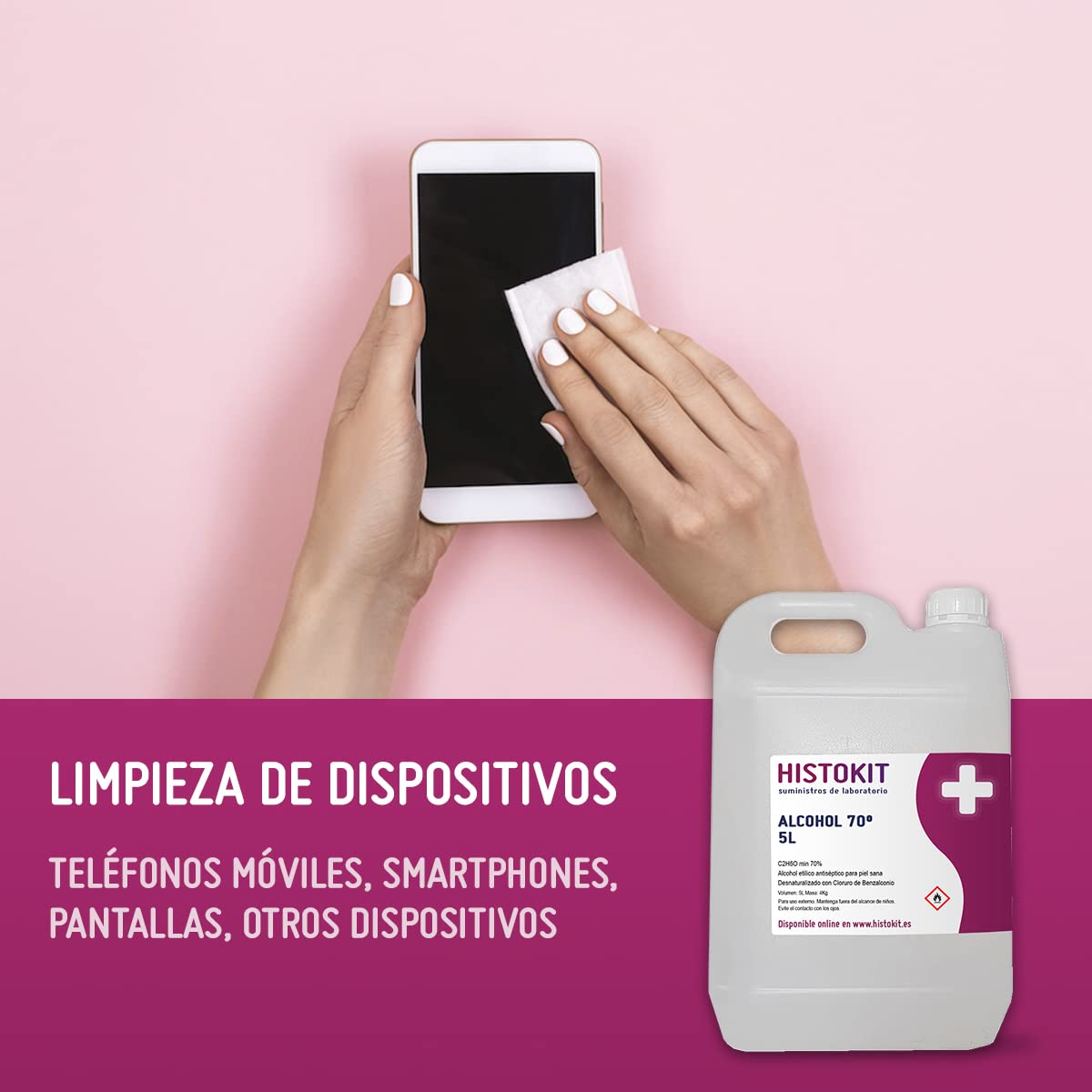 Alcohol etílico 70° antiséptico HISTOKIT 5 Litros. Etanol con benzalconio. Desinfección de piel sana y Limpieza desuperficies.
