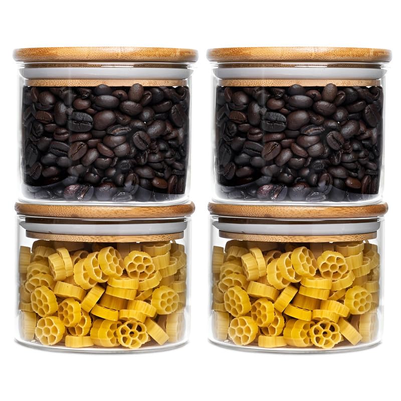 Image of Allo 220ML Kitchen Storage Box Glass Jars With Wooden Lids - Borosilicate Glass Food Storage Containers Airtight Glass Jar For Tea, Coffee, Spice, Pulses, Masala (Round Glass Jar - Set of 4)